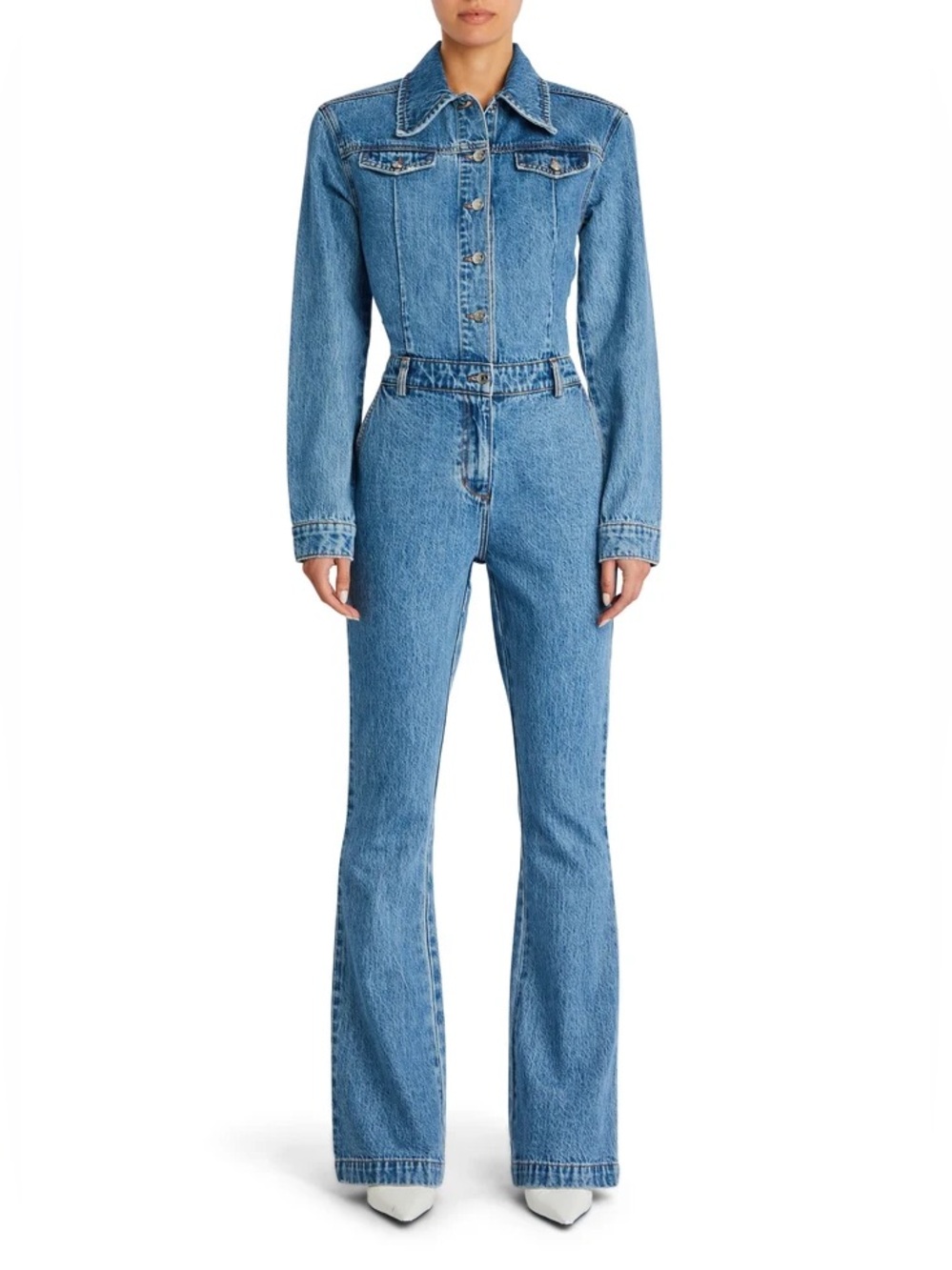 Seroya Mabel Fitted Denim Jumpsuit River Jean Button Collared Boot Cut Flare